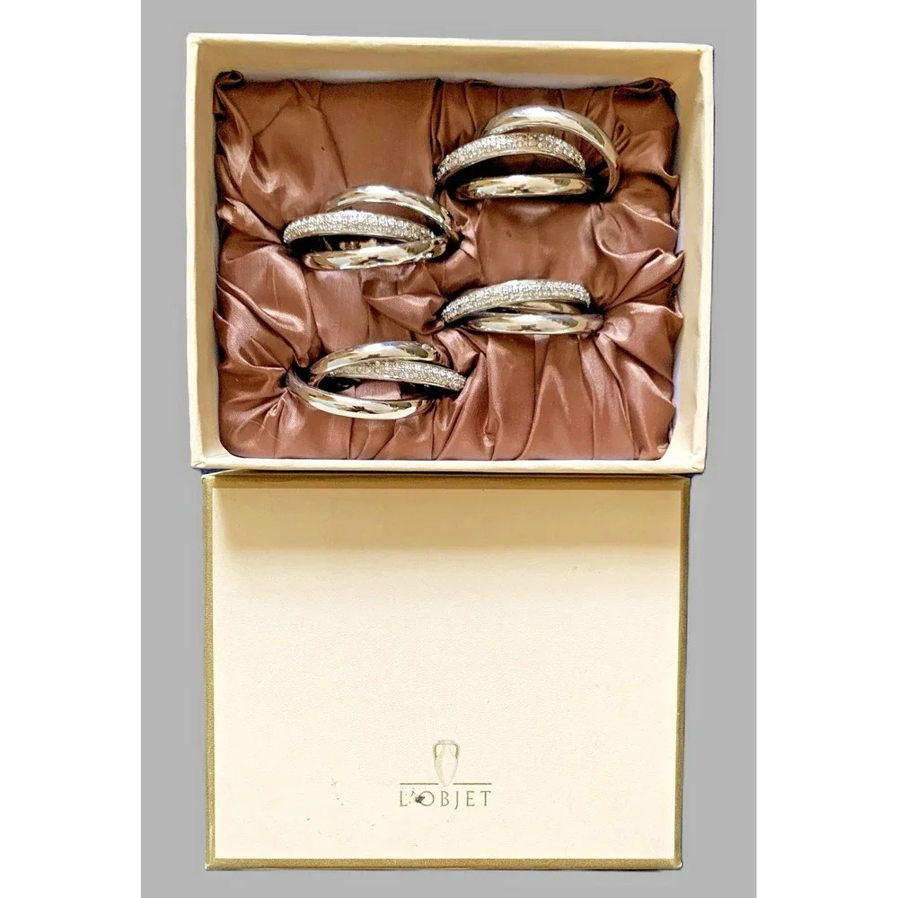 L'OBJET Platinum Swarovski Pave Crystal 3‑Ring Napkin Jewelry Set of 4 w/ Box